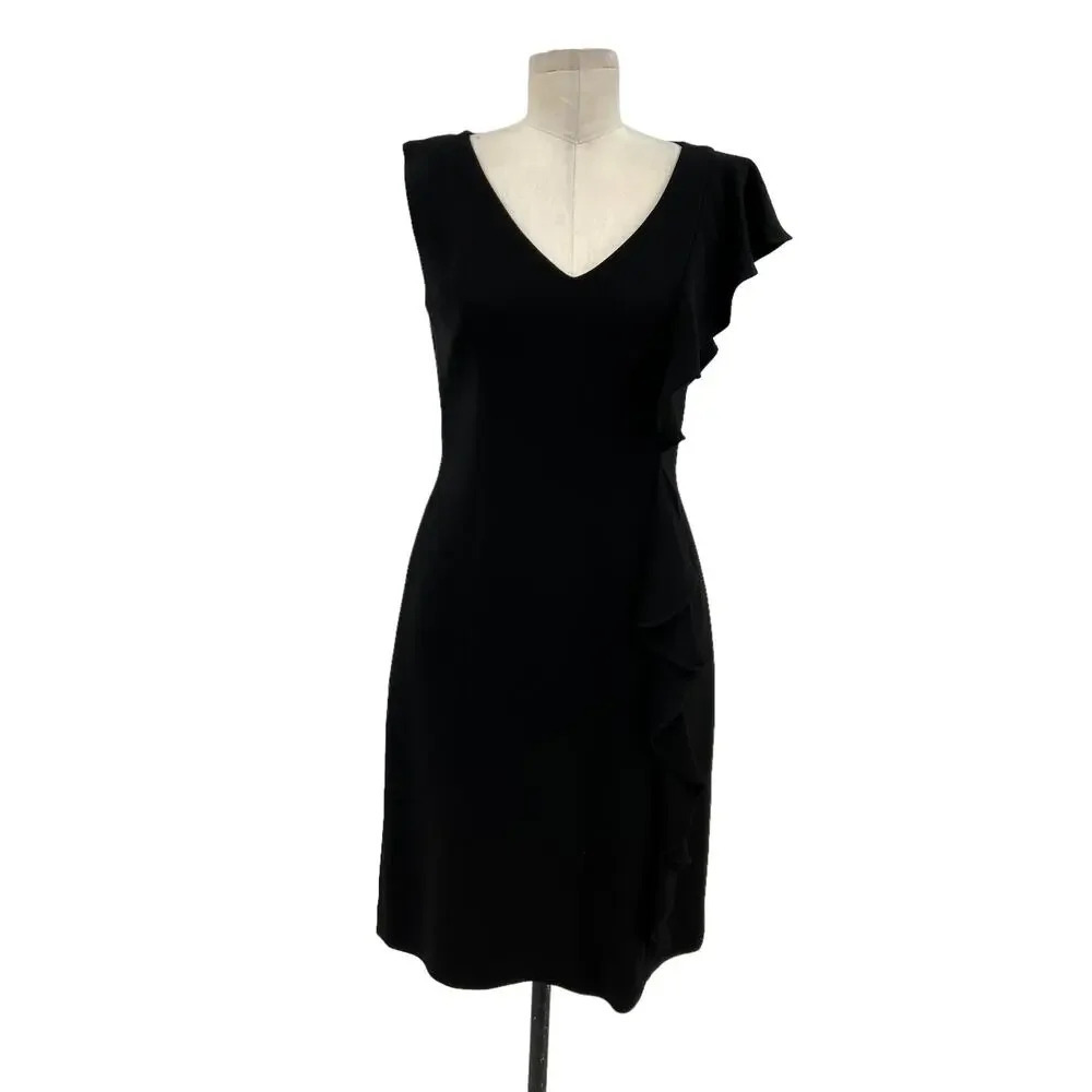 Rickie Freeman‎ for Teri Jon Black Asymmetric Ruffle Sleeve Sheath Dress Size 6